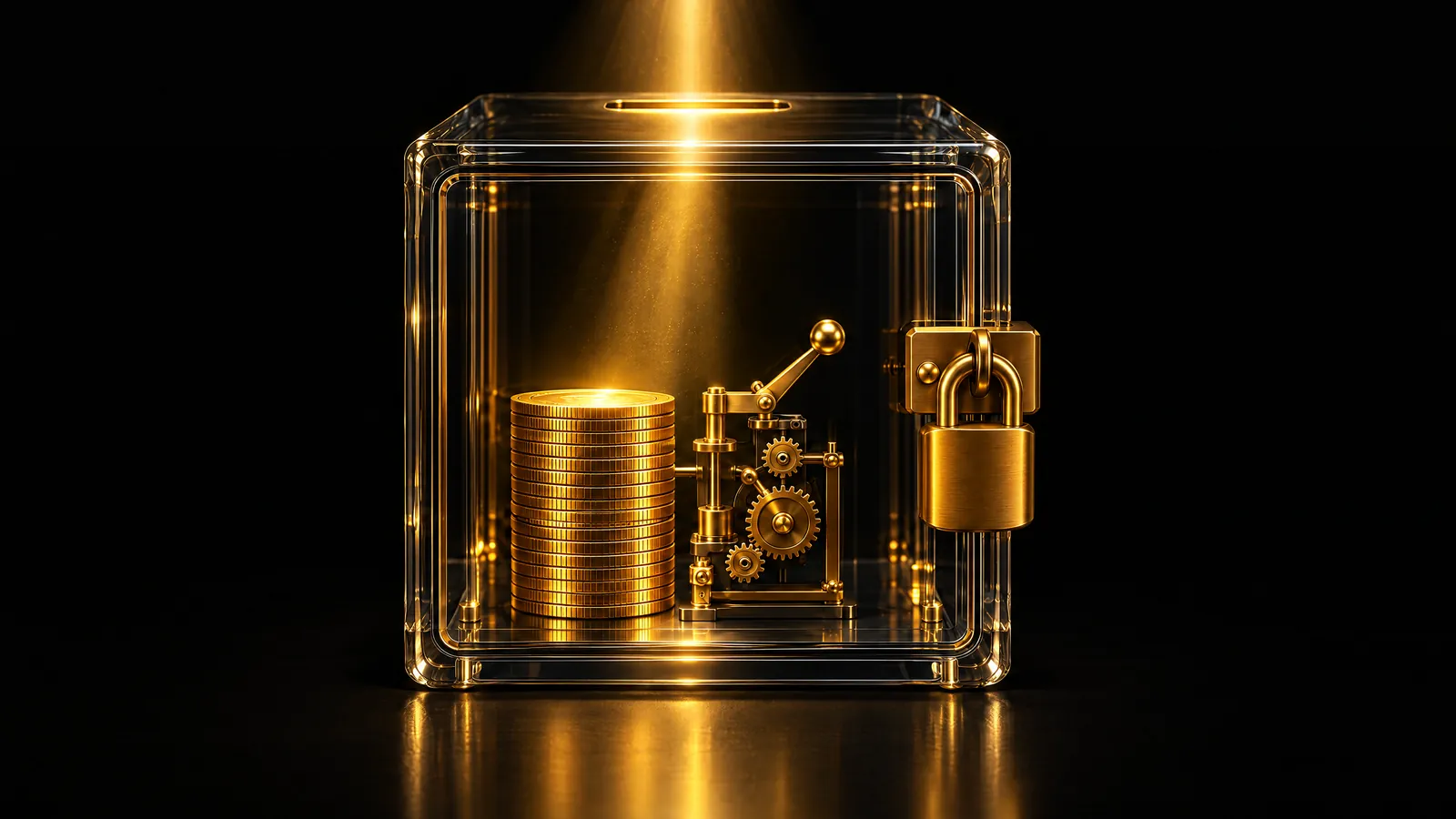 Locked glass safe with a stack of gold coins and a small trading mechanism inside